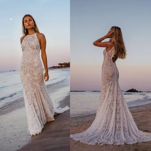 2020 Loverssociety Bohemian Halter Hollow Sleeveless Mermaid Wedding Dresses Lace Applique Wedding Gown Sweep Train robe de mariée