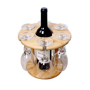 Preference HOT-Wine Glass Holder Bamboo Tabletop Wine Glass Drying Racks Camping for 6 Glass and 1 Wine Bottle