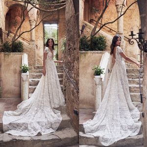 Dreamy A Line Wedding Dress V Neck Crystal Backless Lace Applique Short Sleeves Wedding Dresses Sweep Train Boho Bridal Gowns