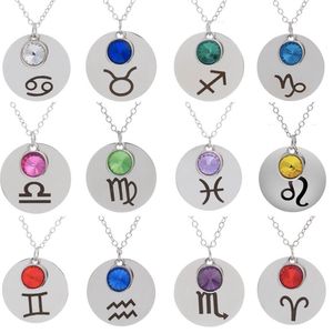 12 Zodiac Signs Pendant Necklaces Constellations Horoscope Astrology Stainless Steel Rhinestone Round Silver Chokers Jewelry for Women Gift