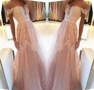 Sexy Prom Blush Pink Off Shoulder Lace Appliques Tulle Cap Sleeves Party Gowns Custom A Line Empire Evening Dresses