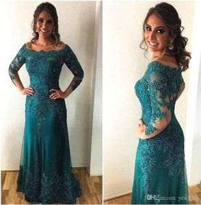 Turquoise Scoop Mother Bride Dresses Long Sleeves Lace Applique Beads Sweep Train Column Off Shoulder Wedding Guest Evening Gowns