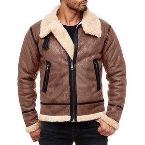 Men's Jackets Fashion Men Winter Tops Long Sleeve Fur Belt Faux Leather Jacket Highneck Shearling Coat Wool Lining Bomber