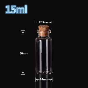 24 * 52 * 12.5mm 15 ml Cam Vials Kavanoz Ambalaj Şişeleri Test Tüpü Cork Stoper Boş Cam Şeffaf Temizle Şişeler100 adet