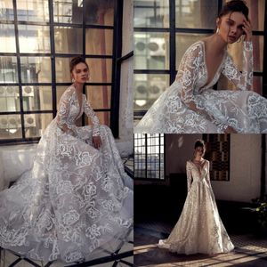 Long Julie Vino Sleeve Vestido de Noiva A Line Deep V Neck Wedding Dresses Bridal Glows EP