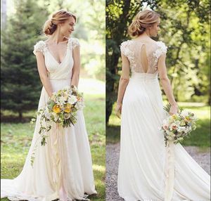 New Fashion Lace Short Sleeves A Line Bohemian Beach Wedding Dresses backless v neck Chiffon Floor Length Bridal Gowns robe de mariee