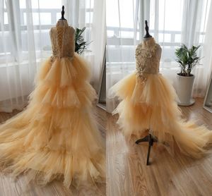 2020 Light Gold Hi Low Ball Gown Flower Girl Dresses High Neck Hand Made Flowers Lace Beaded Ruffle Skirt Girls Dress Pageant Party