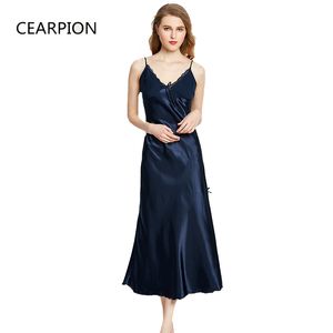 Cearpion Women Nightgown Long NightDress Sexig Lace Nightwear Faux Silk Femme Nightie Spaghetti Strap Sleepwear Plus Size M-3XL Y19071901