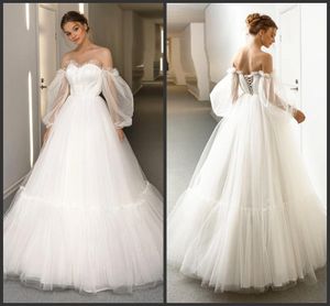 2020 Nowy Ivory Tulle Długim Rękawem Princess Suknia Ślubna Suknie Ślubne Vestidos De Novia Vintage Kobiety Plus Size Summer Sukienki