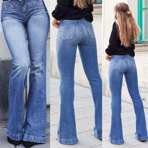Flare Jeans Pants for Women Fashion Floor-length Blue Denim Washed Jean High Waist Mom Bell Bottom Plus Size Jeans Ladies