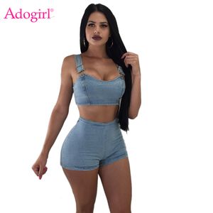 Adogirl النساء الدنيم قطعتين مجموعة حمالة السباغيتي الأشرطة سستة الظهر المحاصيل الأعلى جينز السراويل أزياء الصيف نادي الدعاوى