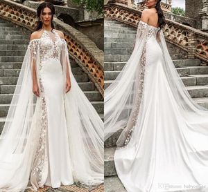 Ny berta långärmad sjöjungfru bröllopsklänningar halter juvel nacke appliqued bröllopsklänning brudklänningar vestidos de novia mantel