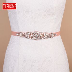 Tieshome BS426 Bröllop Sashes Women Belt Rhinestone Trim Applique Bridal Belt Blush Pink Belt Ribbon med unikt