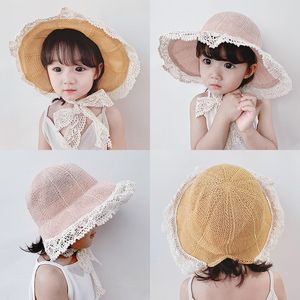 Sumer Baby Girls Lace Princess Caps Moda pizzo pieghevole Bowknot cappello genitore-bambino a tesa larga Parasole per bambini Cappelli da spiaggia per bambini S144