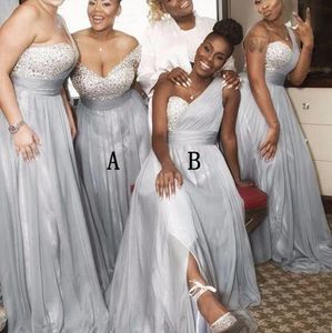 Charming Silver Chiffon A Line Bridesmaid Dresses For African Girls Stunning Sequins Beading Long Prom Gowns One Shoulder Wedding Guest Maid Of Honor Dress AL2789