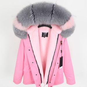 2019 새로운 Maomaokong 브랜드 회색 여우 모피 트림 내한 여자 코트 핑크 토끼 모피 안감 핑크 미니 파카