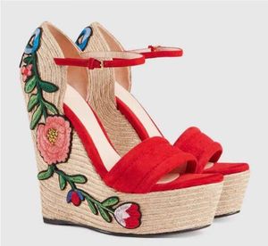 Hot Sale-Wedges Sandals Ladies T Visa Party Pumpar Kvinnor Skriv ut Läder Högplattform Sommar Gladiatorer Öppet Toe Fashion Brand Genuine Leath