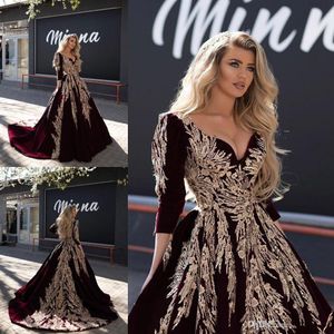 Burgundy Dubai Arap Velvet Gece Elbise Dantel aplike ünlü v Boyun uzun kollu balo elbiseleri Resmi Pageant Elbise