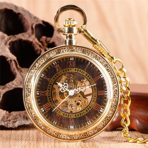 Luxury Golden Case Mens Pocket Watch Mechanical Hand Winding Watches Skeleton Clock with Pendant Chain Roman Numeral Pendant Chain