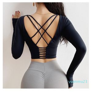 Wholesale-Women Sexy Back Crop Yoga Top Gym Sports Running Exercise Workout Backless Sweat T-shirt Fitness T-shirt Red Long Sleeve