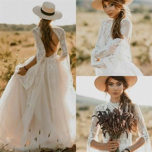 2020 Boho Suknie ślubne Eleganckie Pełna Koronkowa Sukienka Bridal Jewel Długim Rękawem Sweep Pociąg Hollow Back Custom Made Vestidos de Novia