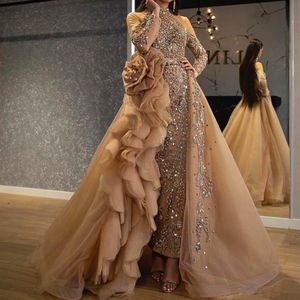 Baile de formatura com trem destacável de sereia, gola alta, manga comprida, vestidos de noite, vestidos de concurso com contas brilhantes para meninas