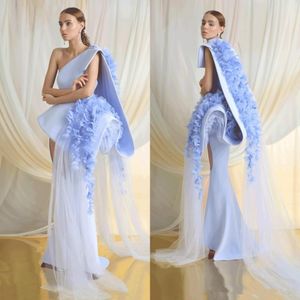 Azzi Osta Blue Evening Dresses Satin Lace 3D Floral Appliqued Um Ombro Lindo Vestido de Baile Sweep Train Girls Pageant Vestidos