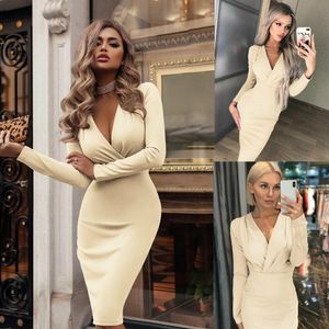 Мода Женщины Летние С Длинным Рукавом Бандаж Стрембайте BodyCon Простая глубокая V Вечерняя вечеринка Короткое платье Бежевый Черный Зеленый Красный