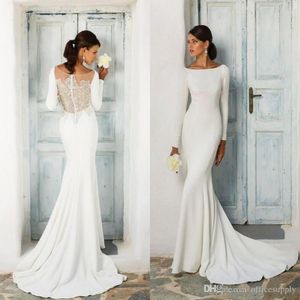 Eleganckie Proste Białe Syrenki Suknie Ślubne Z Długim Rękawem Koronki Appliqued Sheer Back Zakryty Przycisk Suknie Ślubne Vestido de Novia