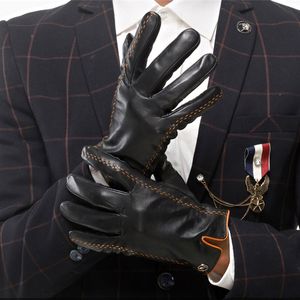 Fashion-äkta läderhandskar män handskar höst plus sammet varm svart nappa fårskinn manlig vantar gratis frakt