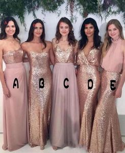 Bridesmaid Dresses Mix-and-Match Blush Pink Chiffon with Rose Gold Sequined Fabric Floor Length Mixture Styles Country Party Gowns BD9069