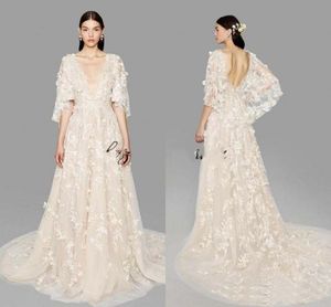 2019 Custom Marchesa Butterfly Sleeve A Line Wedding Dresses Plus Size Dubai Arabic Depp V Neck Princess Bridal Gowns with Flowers