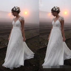 New Beach Dresses Capped Sleeves Lace Applique Floor Length Deep V Neck Beaded Custom Made Wedding Bridal Gown Vestido De Novia estido