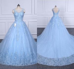 Plus Size Ball Gown Wedding dresses Lace Sheer Neckline Light Blue Applique Vestidos De Novia Modest Wedding Dress Bridal Party 2019 Long