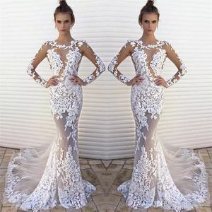 Mermaid New Sexy Wedding Dresses Jewel Neck Lace Appliques Tulle Illusion Long Sleeves See Trough Sheer Formal Plus Size Bridal Gowns