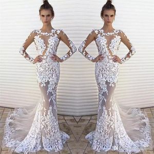 Mermaid Novo vestidos de noiva sexy Jóia Apliques de renda do pescoço Tulle Ilusão de mangas longas Veja os vestidos de noiva de tamanho grande formal