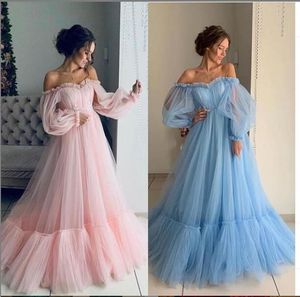 Blus rosa tulle en linje långärmad elegant klänningar kväll slitage 2019 nya långa billiga vestidos de fiesta kväll klänningar ärmar