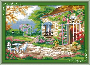 Beautiful Romantic backyard garden decor painting ,Handmade Cross Stitch Embroidery Needlework sets counted print on canvas DMC 14CT /11CT