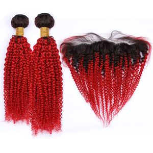Indian Virgin Human Hair Ombre Red Kinky Curly 2bundles och 13x4 frontal stängning # 1b / röd ombre väv vävar mörka rötter med spets frontal