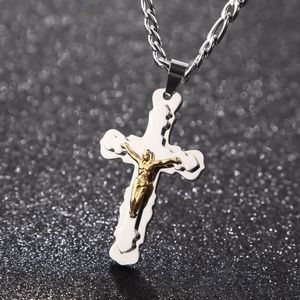 Gold Silver Tone Vintage Cross Stainless Steel Crucifix Jesus Pendant & Necklace Figaro Link chain Men Chain Christian Jewelry Gifts