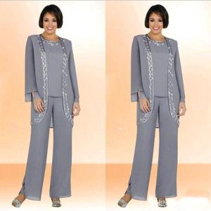 Elegant Chiffon Jewel Long Mother Of The Bride Pant Suits With Long Sleeve Jacket Cheap Embroidery Formal Suits Custom Made