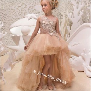 Manica lunga Sheer Neck Tulle Flower Girls 'Abiti fatti a mano Applique in pizzo Kids Formal Party Dress Fast Ship Bow Back Sweep Train FG1305