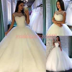 Elegant Sequins Beaded Wedding Dresses Sheer Tulle Arabic Plus Size Train Vestido de novia Bride Ball Formal Bridal Gown Custom Made