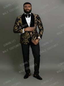 2020 elegante moda preto ouro floral ternos masculinos 2 peça terno do noivo fumar smoking jaqueta ternos de casamento para homem blazer3037