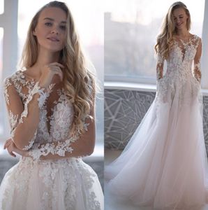 Lace Beach Wedding Dresses Long Sleeves Sheer Jewel Neck Tiered Tulle Applique Beaded Boho A Line Wedding Bridal Gowns robes de mariée