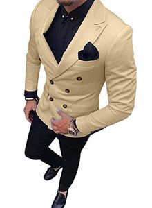 Double-Breasted Champagne Groom Tuxedos Peak Lapel Men Suits 2 pieces Wedding/Prom/Dinner Blazer (Jacket+Pants+Tie) W834