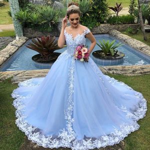 Stunning White Lace Wedding Dresses Sheer Jewel A Line Appliqued Bridal Gowns Covered Buttons Sweep Train Tulle robe de mariée