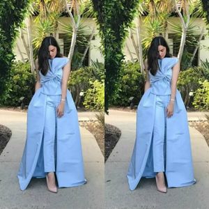 Light Sky Blue Satin Evening Dresses Sheath Ruched Formal Prom Gowns Pant Suits With Long Skirt