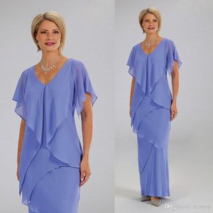 Blue Elegant Sheath Chiffon Mother of the Bride Dresses With Short Sleeves Ankle Length V Neck Wedding Guest Dress Mothers Prom Gowns Plus