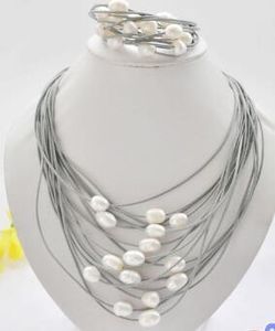 free shipping wholesale 15row 13mm white rice pearl gray leather necklace & bracelet